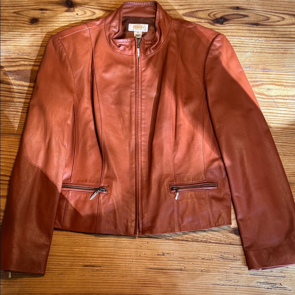 Talbots Women's Leather Zip-up Jacket in Warm Brown